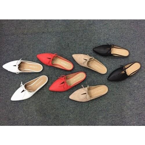 New Fashion 2021 Autumn Butterfly-Knot PointedToe Genuine Leather Joker Mulles Concise Daily Slippers Single Flat Women Shoes