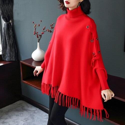 Fall Winter Fashion Women Female Turtleneck Black Red Tassel Batwing Sleeve Knit Sweater , Knitted Pullover Sweaters for Woman