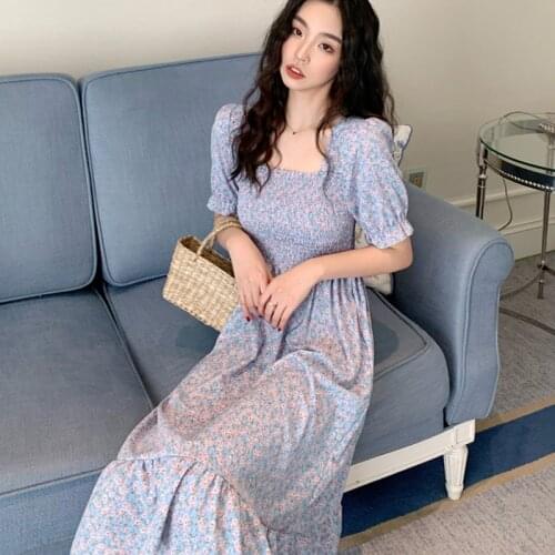 Korean Sweet Elastic Waisted Floral Dress Summer Chiffon Fairy Square Collar Maxi Dresses Elegant Party Dress Robe Femme 14950