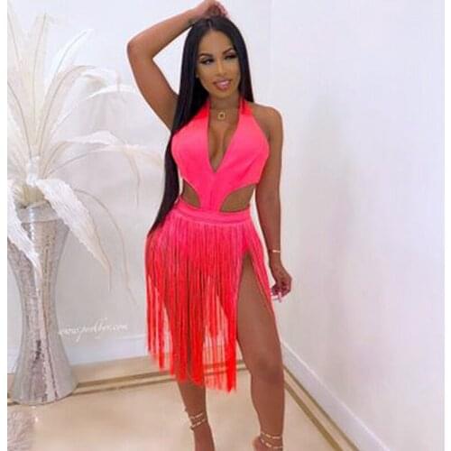 Tassel Patchwork Sexy Dress Women Summer Beach Halter Backless Bodycon Dresses for Women Party Club Hollow Out Black Mini Dress