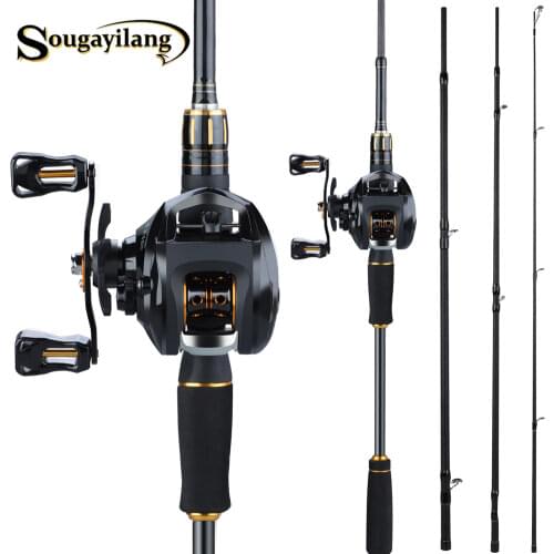 Sougayilang 2.1m Fishing Pole and Baitcasting Reel Combo Carbon 4 Sections Sea Spinning Lure Rod and Casting Fishing Wheels Set