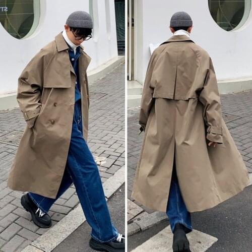 Korean Trench Coat Mens Fashion Solid Color Casual Long Coat Men Streetwear Loose Oversized Windbreaker Jacket Mens Overcoat