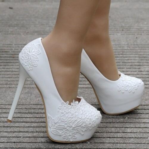 Thin High Heels Pumps Women Shoes women pumps wedding Party banquet Lace PU Slip On 14CM Round Toe waterproof Shallow white