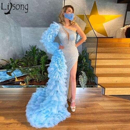 Sexy High Split One Shoulder Evening Dresses with Removable Tail Luxury Beading Prom Dresses 2020 Long Ruffle Detachable Train