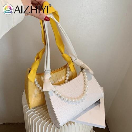 Vintage Women PU Leather Alligator Pattern Shoulder Underarm Bag Casual Ladies Pearl Solid Color Small Handbags Purse