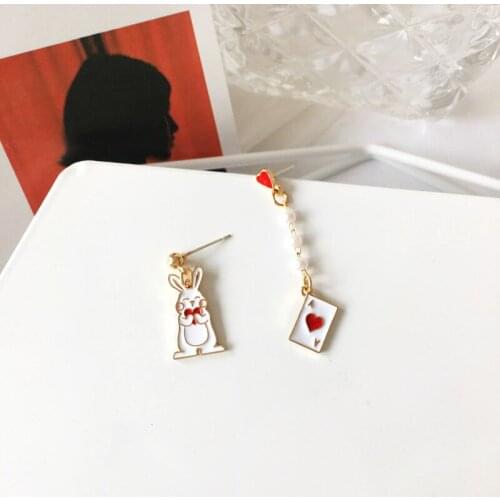 Fun playing cards fashion earrings Japan and South Korea new trend cute bunny sweet girl asymmetrical wild ear jewelry