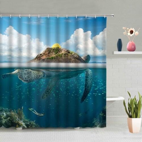 Ocean Animals Shower Curtain Dolphin Shark Turtle Tropical Fish Underwater World Bathroom Decoration Screen Washable With Hooks