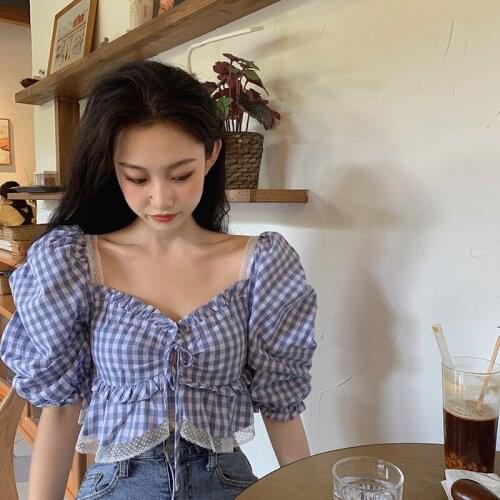 Summer Lace Up Plaid Puff Sleeve Fashion Brand Hipster Female Crop Top Sweet Style Ladies Shirts New Korean Fashion Clothes