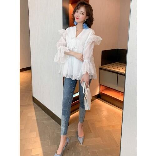 Forest Department V Collar lace up flared sleeve lace dot stitching Ruffle Top Womens wear 2021 Spring new Top Quality