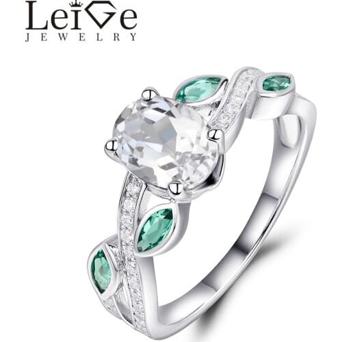 Leige Jewelry White Topaz Ring with Emerald Side Stones Fine Jewelry Engagement Rings for Women Silver Oval Cut Christmas Gift
