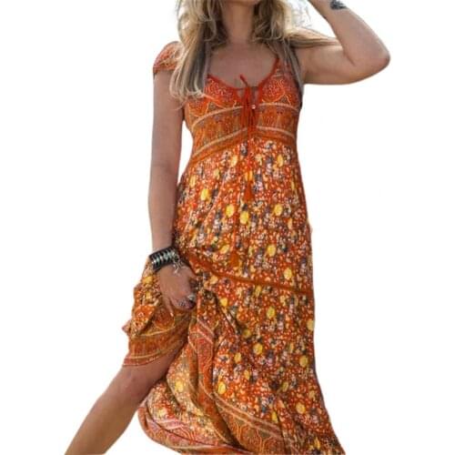 Women Dress Floral Print Lace-up Vintage Sleeveless Large Hem Bohemian Maxi Dress Hollow Out Large Hem Bohemian Maxi Dress
