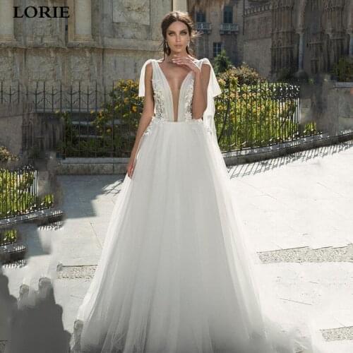 LORIE A Line Lace Boho Wedding Dresses Appliqued Lace Bride Dresses Open V Back Princess Wedding Gowns Vestidos de novia