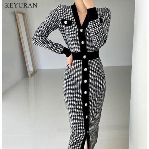 Korean Chic Vintage Houndstooth Knitted Sweater Dress Women 2021 Autumn Winter V-Neck Button Slim Long Dress Robe Femme Vestidos