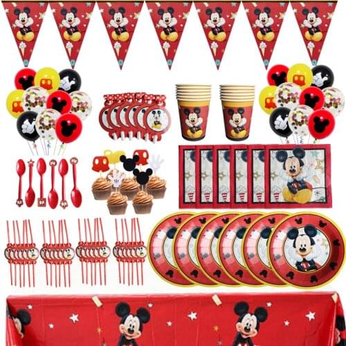 139pcs Disney Mickey Mouse Party Disposable Tableware For Birthday Party Supplies Mickey Party Cup Plate Balloon Set Deocoration