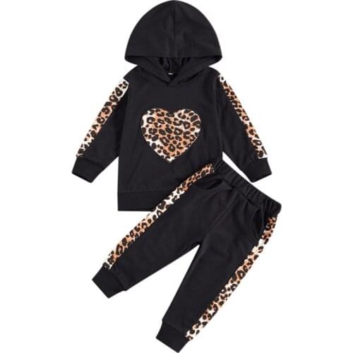 2021 Infant Clothing Baby Leopard Print Outfits Heart Pattern Long Sleeve Hoodie Trousers 2 Pcs Children Clothes Set
