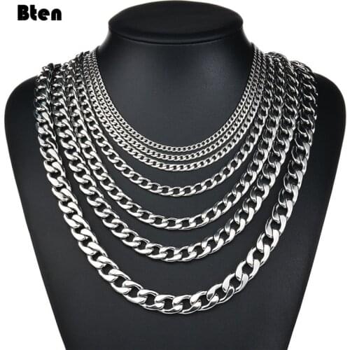 BTEN Men Simple 3-11mm Stainless Steel Cuban Link Chain Necklaces for Male Jewelry Solid Gold Black Tone Gifts Miami Curb Chain