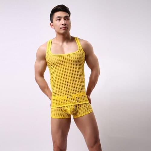 Mens Underwear See Through Hollow Out Mesh Vest with Boxer Shorts Suit Sexy Pyjama Homme Sleepwear Male Pajamas Suit Homewear