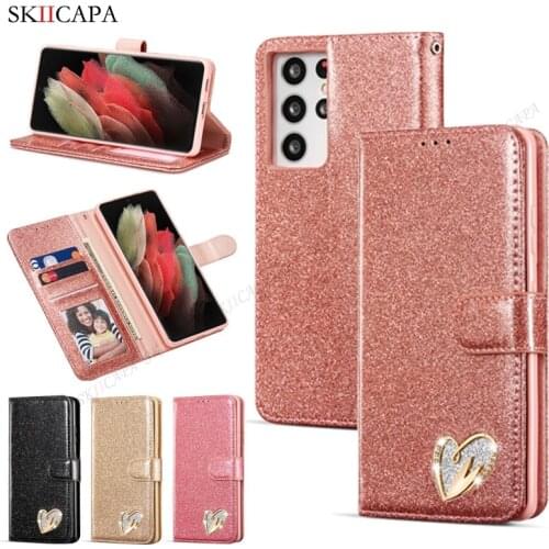 For Samsung Galaxy S21 Ultra Case Bling Love Heart Magnetic Flip Leather Wallet Phone Case For Samsung S21 Plus Back Cover