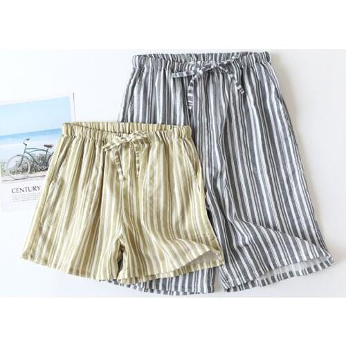 Summer Men/women Pajama Pants Pure Cotton Gauze Simple Stripe Short Sleep Bottoms Loose Cool Lounge Couples Shorts Beach Pants