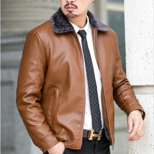 Men Fur Collar PU Leather Jacket Men Black Brown Vintage Coat Male Winter Thicken Warm Fleece Bomber Jacket