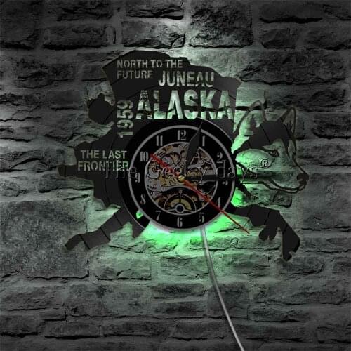 Alaska Dog Night Lights USA States City Silhouette Vinyl Record Nightlight Clock Multi Colors LED Sign with Remote