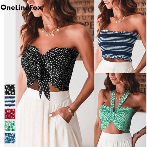 OneLineFox Womens Sexy Smocked Neck Strapless Pleated Bandeau Tube Summer Bra Crop Top Skinny Ruffle Cami Slim Camisole Top