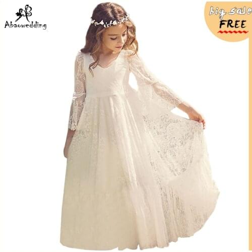 First Communion Dresses White A-Line Long Sleeves Lace Back Zipper Lace Flower Girl Dresses Vestido Daminha Casamento Longo Hot