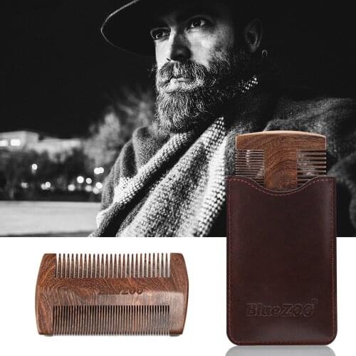 Portable Dual Action Sandalwood Moustache Beard Comb with Leather Case for Men Father Day Valentine Day Birthday Brown