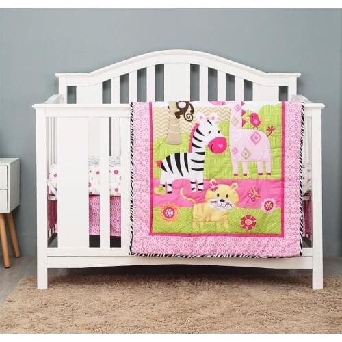 Pink Jungle Baby Crib Bedding Set Infant Bedroom Decoration Baby Room Product I Fitted Sheet, Crib Quilt, Dust Ruffle