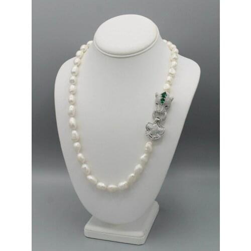 Hand knotted 10-12mm white baroque freshwater pearl necklace micro inlay zircon leopard head clasp 60cm fashion jewelry