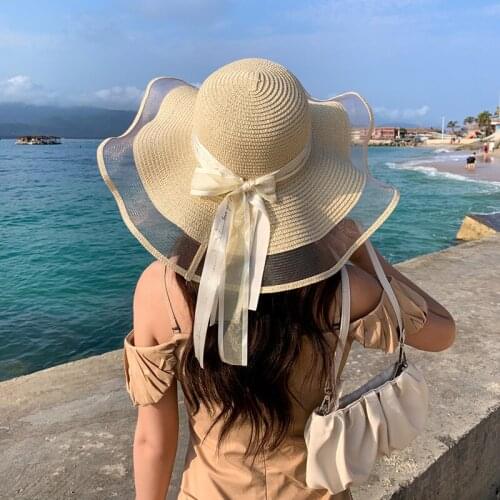 Women Vacation Foldable Fisherman Hat Large Wide Brim New Korean Summer Bow Straw Hat Holiday Outdoor Sport Hat Anti-UV Sun Hat