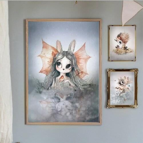 Nordic Spray Color Cartoon Flower Deer Swing Rabbit Girl Boy Wing Bird Animal Poster Canvas Painting Wall Picture Kid Room Decor