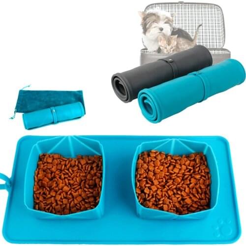 Dog Collapsible Silicone Double Bowl Foldable Portable Pet Feeder Travel Bowl Eating Drinking Paw Dish Outdoor Feeding Two Bowls