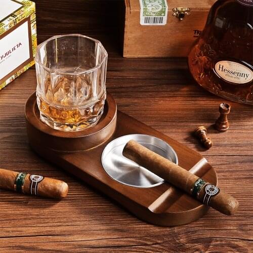 CIGARLOONG 2 In 1 Wooden Cigar Ashtray Whiskey Glass Cup Tray Creative Home Portable Cigar Holder Rest Smoking Accessories