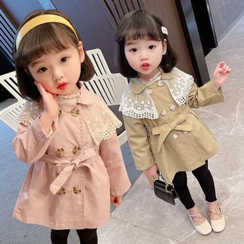 Infant Baby Girls Trench Coats Fashion Kids Jacket Lace Collar Double Breast Windbreaker 2021 New Spring Autumn Children Clothes