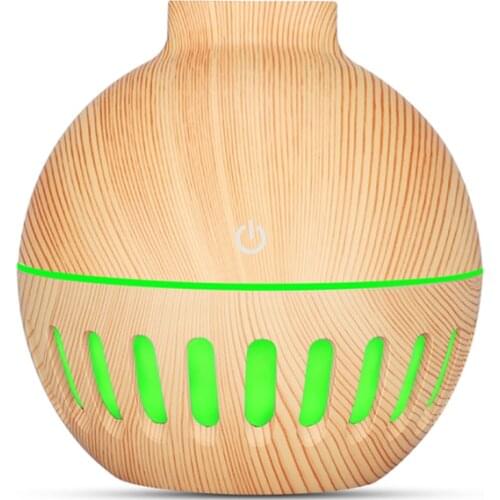 300ml round hollow wood color air humidifier, 7 color LED night light aromatherapy essential oil diffuser