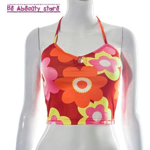 Y2k Kawaii Flower Printing Halter Camisole V-Neck Lace-Up Midriff Crop Tops Summer Women Casual Wild Streetwears Sling