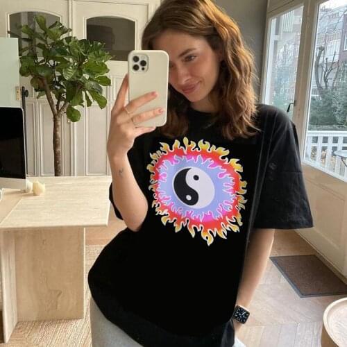 Sun Tai Chi print gothic female T-shirt Streetwear tees Vintage y2k ins hip-hop women clothing Oversize 90s short-sleeved tops