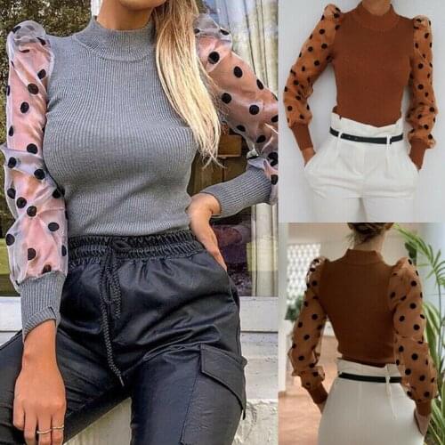 Women Polka Dot Sheer See-through Clothes Long Puff Sleeve Tops Polyester Turtle Neck pullover T-Shirts