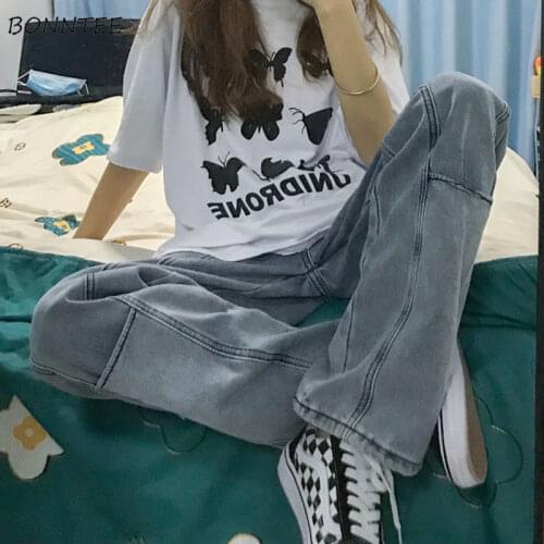 Women Jeans Harajuku Retro Patchwork Denim Female College Ulzzang Couple Loose Straight All Match Soft Trousers Design Basic Ins