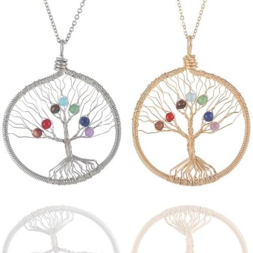 Tree of Life Wire Wrapped Crystal Point Pendant Necklace 7 Chakra Reiki Natural Healing Crystal Stone Necklaces for Women Men