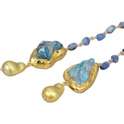 GG Jewelry Natural Blue kyanites Gold Color Plated Brushed Bead Long Necklace 40" Sweater Chain Necklace For Women
