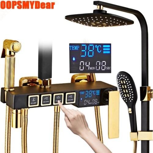 Hot Cold Shower System Bathroom Thermostatic LED Digital Shower Set Wall Mount Round Disc SPA Rain Fall Bath Faucet Modern Tap