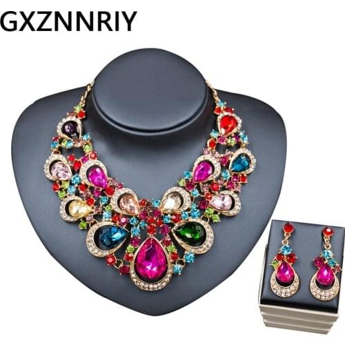 Crystal Flower Bridal Wedding Jewelry Sets for Women Rhinestone Gold Necklace and Earrings Set Party Jewellery Sets Gifts