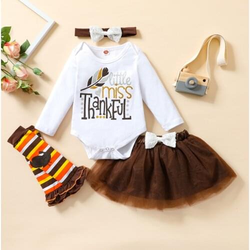 Toddler Baby Thanksgiving Suit Set Letter Print O-Neck Long Sleeve Bodysuit+ Mesh Skirt+ Striped Leg Warmer+ Headband Outfit