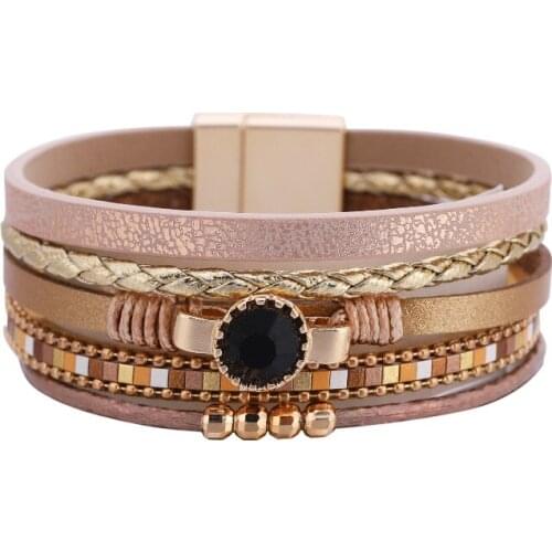Hot Selling Fashion Leather Bohemian Ethnic Style Bracelet Personality Magnetic Clasp Bracelet Multi-layer Braided Bangles