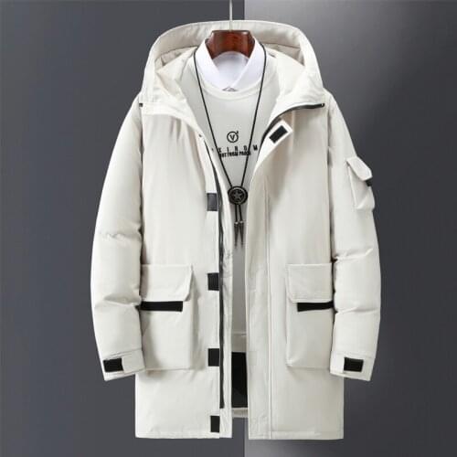 2021 Winter Korean Mens Hooded White Duck Down Long Jacket Men Cargo Solid Trench Coat Couples Loose Thick Windbreaker M-3XL