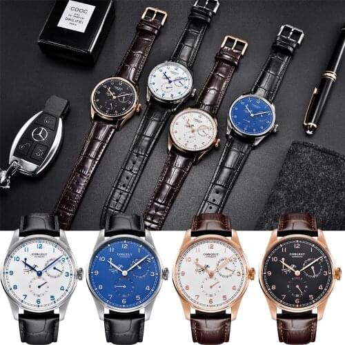 Corgeut 42MM leather Power reserve Automatic calendar mechanical watches rosegold Hollow case luxury men watch relogio masculino
