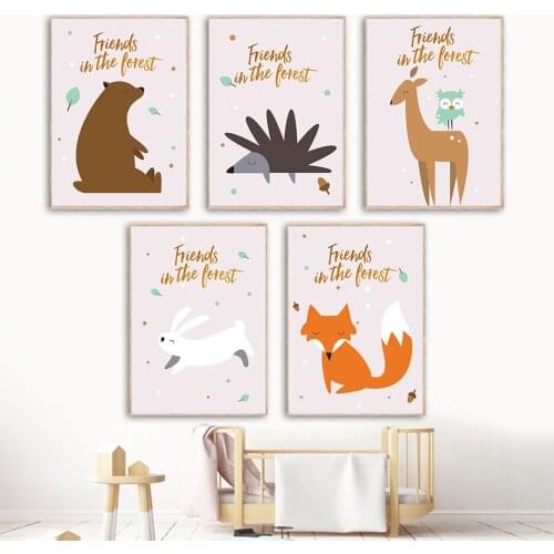 Bear Hedgehog Deer Rabbit Fox Bird Leaf Wall Art Canvas Painting Nordic Posters And Prints Wall Pictures Kids Room Nursery Decor