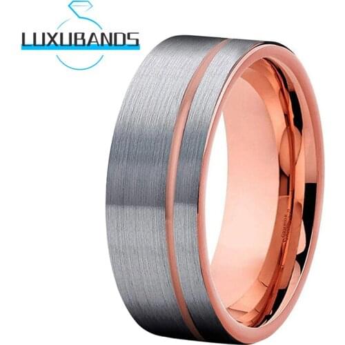 Rose Gold Tungsten Wedding Bands Men Wemens Pipe Cut Offset Lines Engagement Rings Brushed Finished Comfort Fit